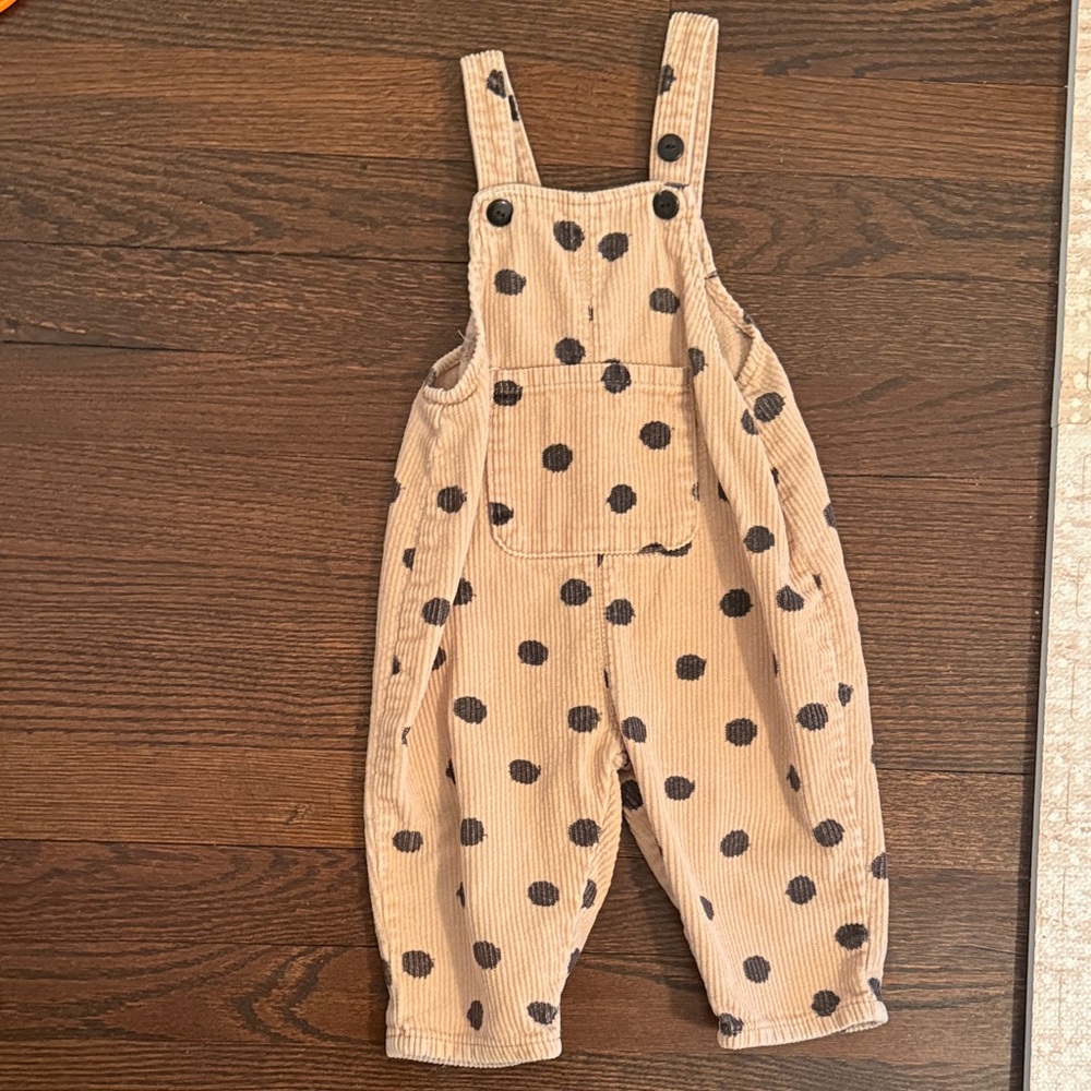 Zara Beige Corduroy Overalls with Black Polka Dots